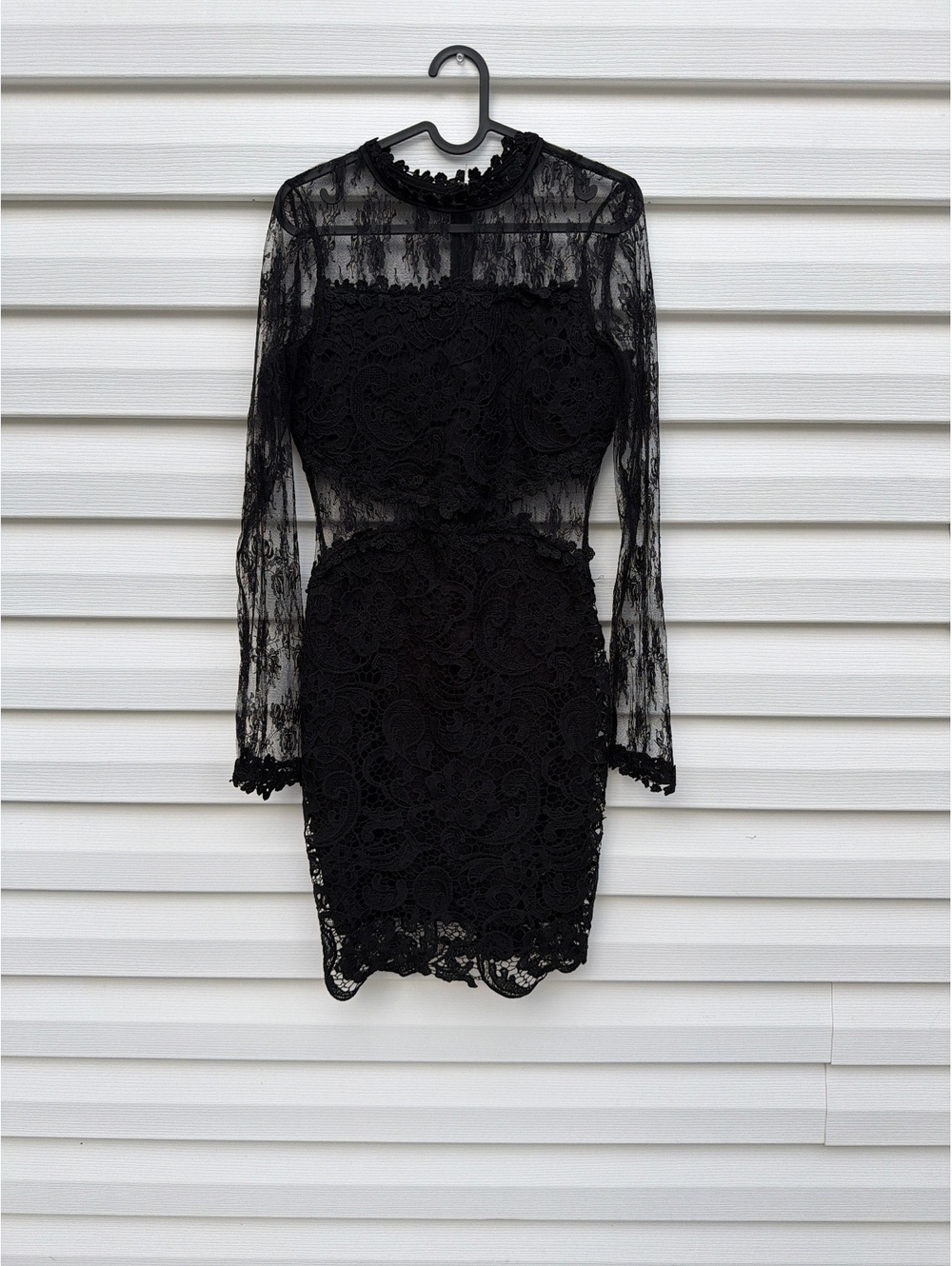 AKIRA Women's M Black Lace Mini Dress Sheer Long Sleeve High Neck Bodycon